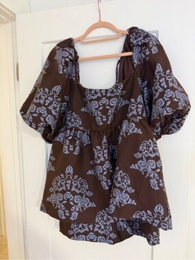 Brown Puff-Sleeve Floral Peplum Romper - Blue Floral